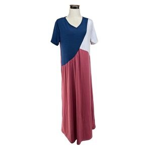 MissLook Maxi Dress V-Neck SS Baggy Fit Colorblock Red White Blue Oversize Small